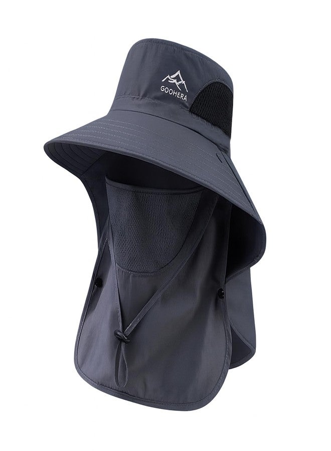 GOOHERA Sun Hat for Men & Women, Breathable Wide Brim Outdoor Fishing Hat with Face Cover & Neck Flap, UV Protection Summer Safari Hat - Dark Gray - Image 1